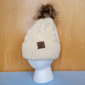 NEW Warm Winter White Cuffed Cable Knit Crochet Braid Beanie Faux Fur Pom Pom